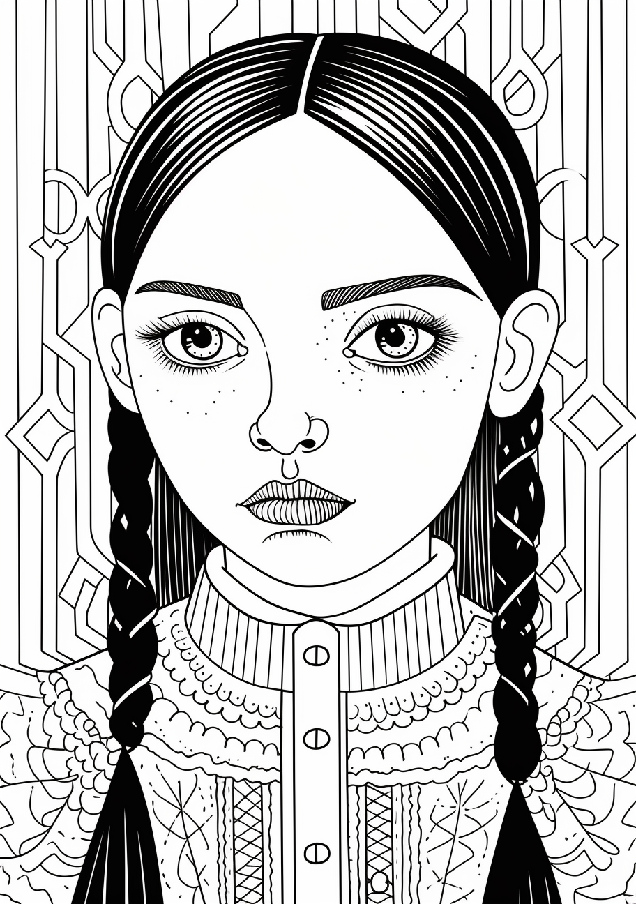 Subtle shading in a contemplative Wednesday Addams portrait. printable coloring page, black and white, free download
