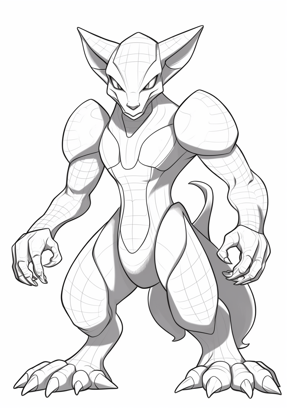 Nimble and dynamic representation of Mewtwo; bold outlines with marked details. printable coloring page, black and white, free download
