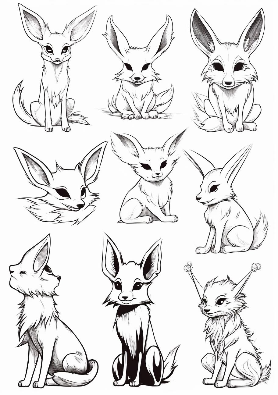 Stamp-like designs of Eevee evolutions; bold borders with clear inner details. printable coloring page, black and white, free download