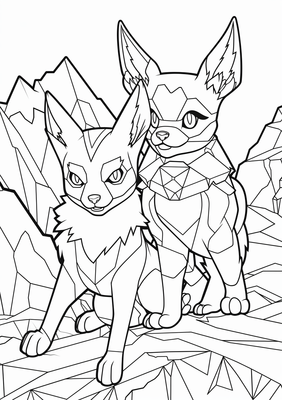 Eevee and Pikachu in an outdoor setting; bold outlines and background elements. printable coloring page, black and white, free download