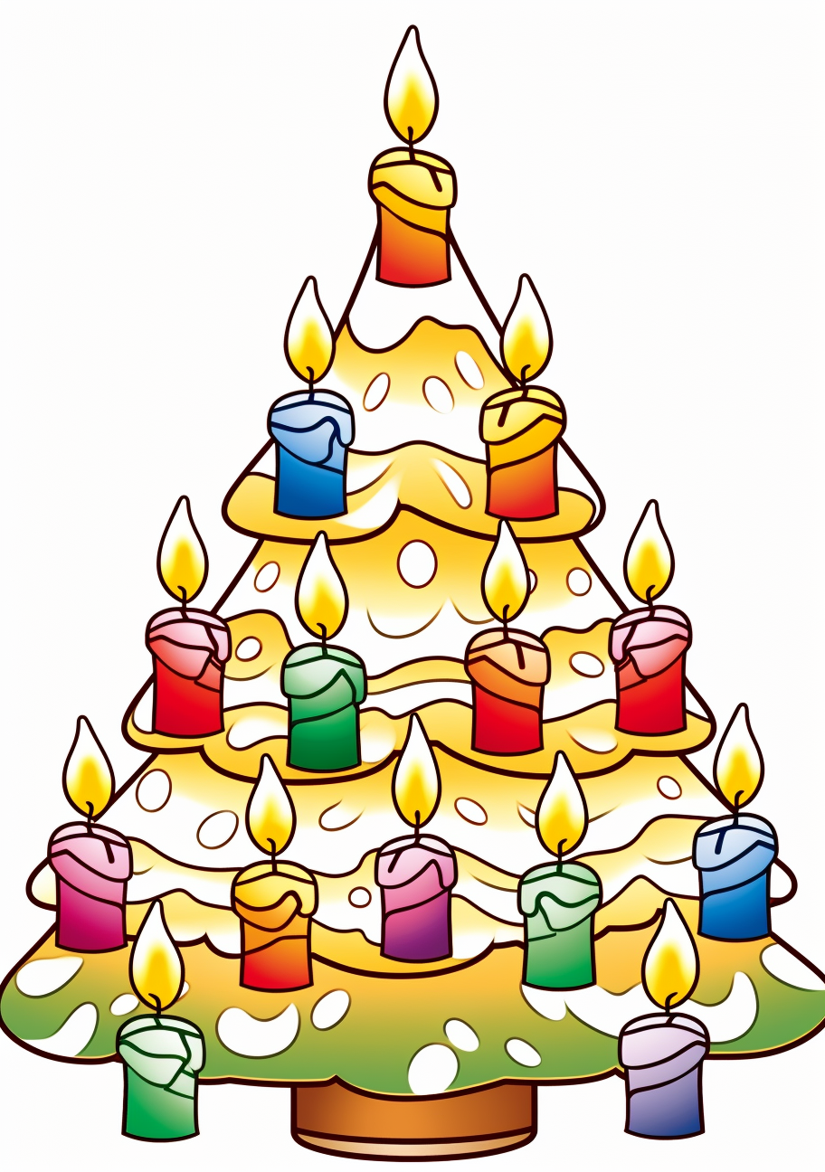 Festival Christmas tree adorned with candle decorations; simple lines and bold outlines. printable coloring page, black and white, free download