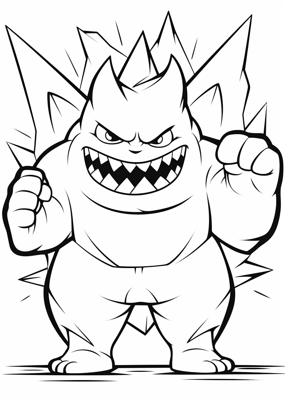 Gengar in an action pose, arms raised as if casting a spell; simple lines with minimal details. printable coloring page, black and white, free download