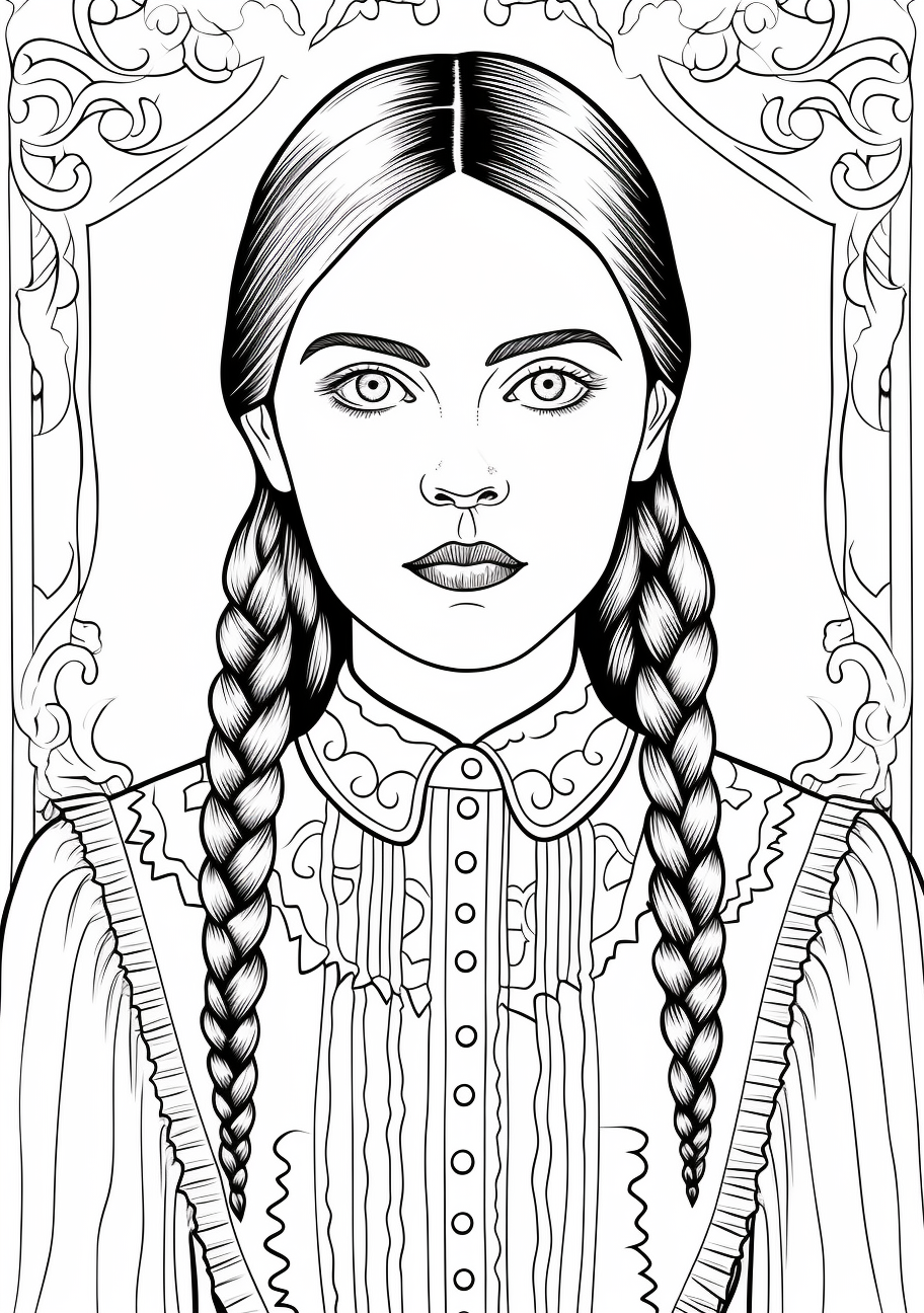 Wednesday Addams drawn in a realistic style; detailed lines and facial features. printable coloring page, black and white, free download