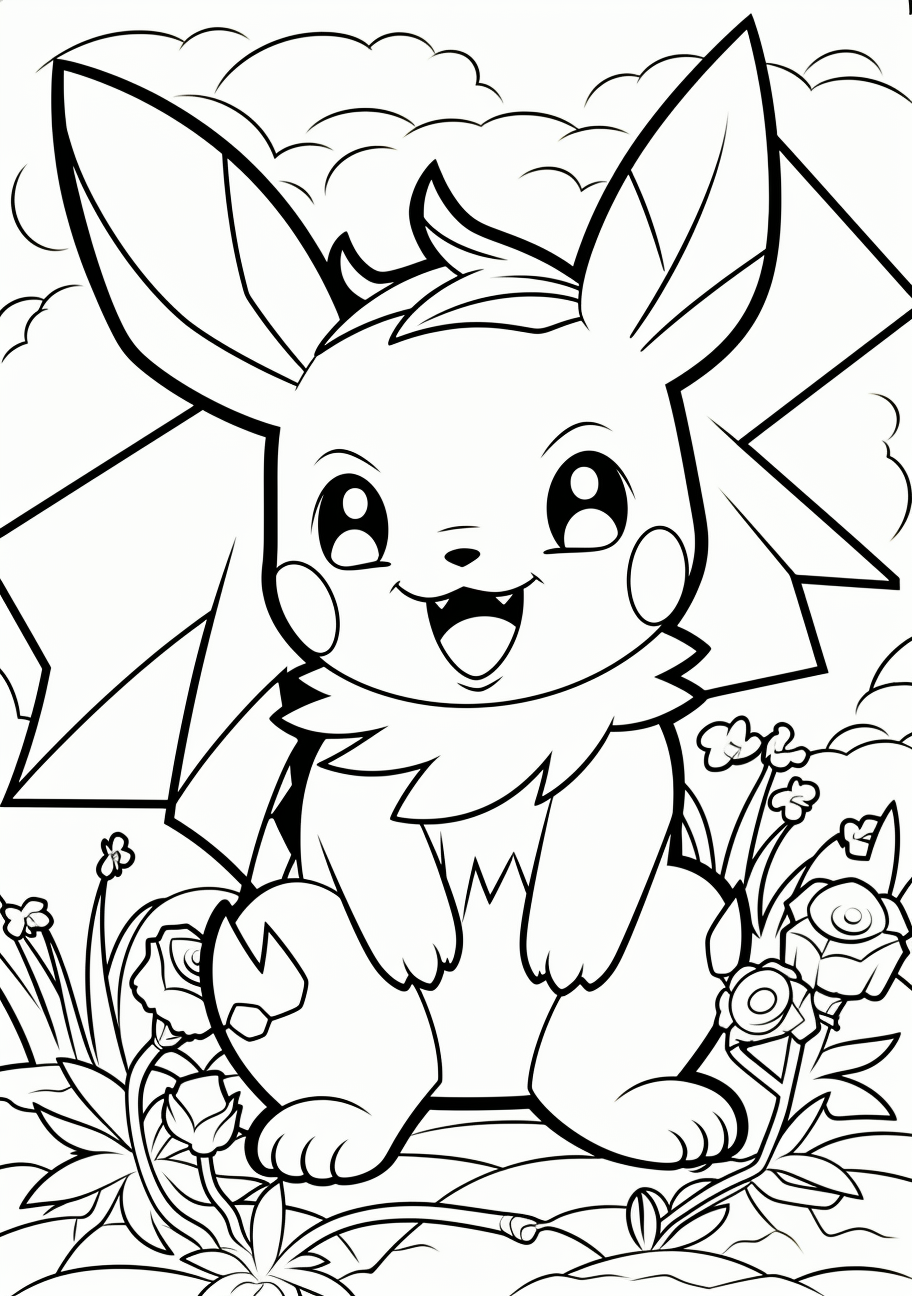 A Pokemon character, Pikachu, shown with a playful and comedic expression; clean, bold lines. printable coloring page, black and white, free download