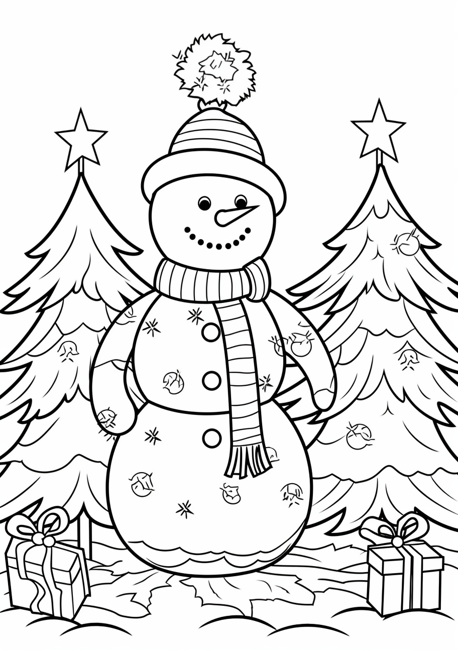 Snowman standing next to a beautifully decorated Christmas tree; simple outlines and moderate details.printable coloring page, black and white, free download