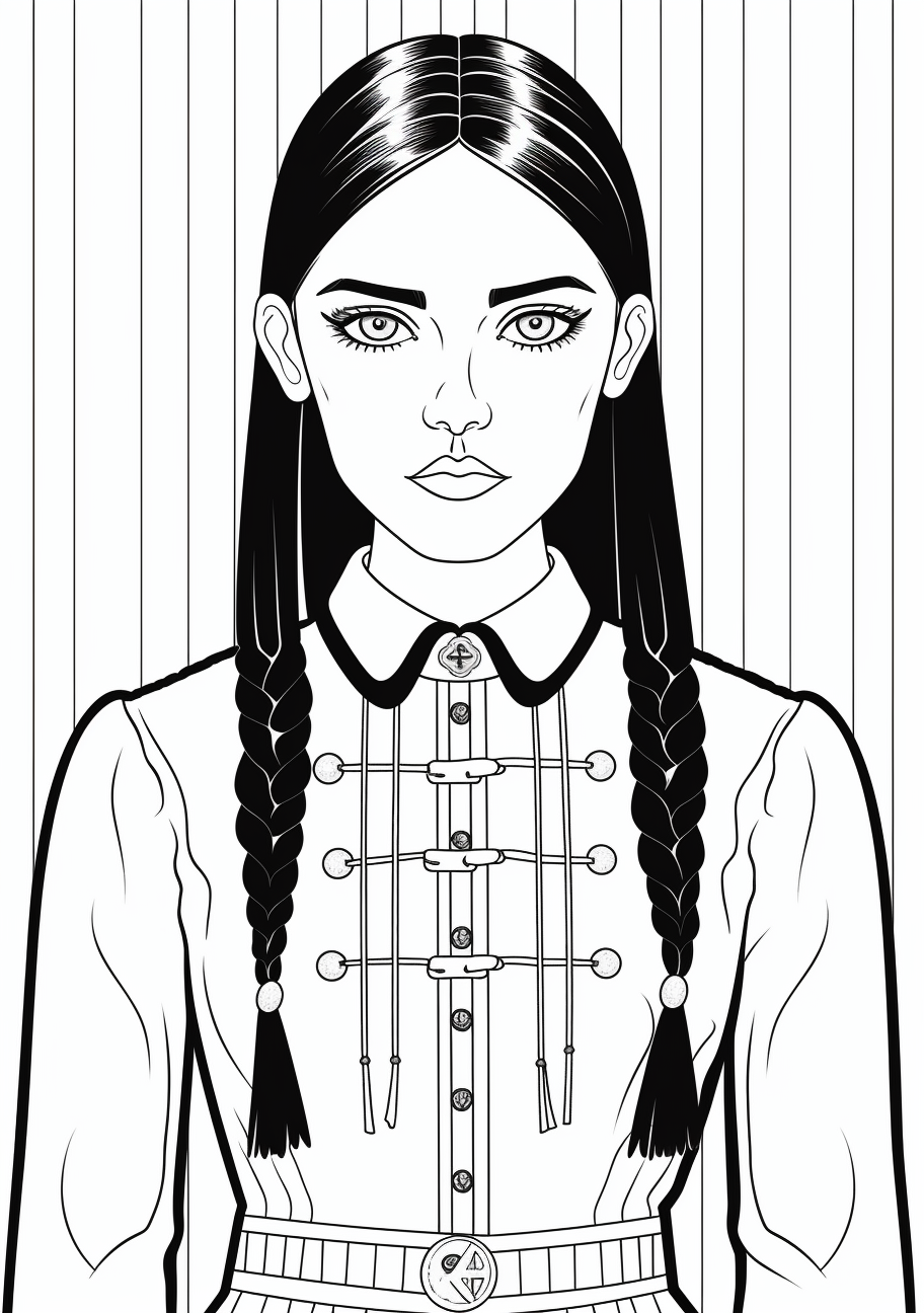 Traditional portrait of Wednesday Addams with her iconic braids and collar dress; clean, simple lines. printable coloring page, black and white, free download