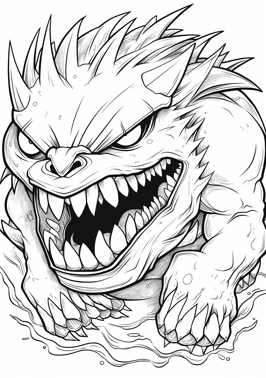 Lively Mega Gengar in action; intense details and complex patterns. printable coloring page, black and white, free download