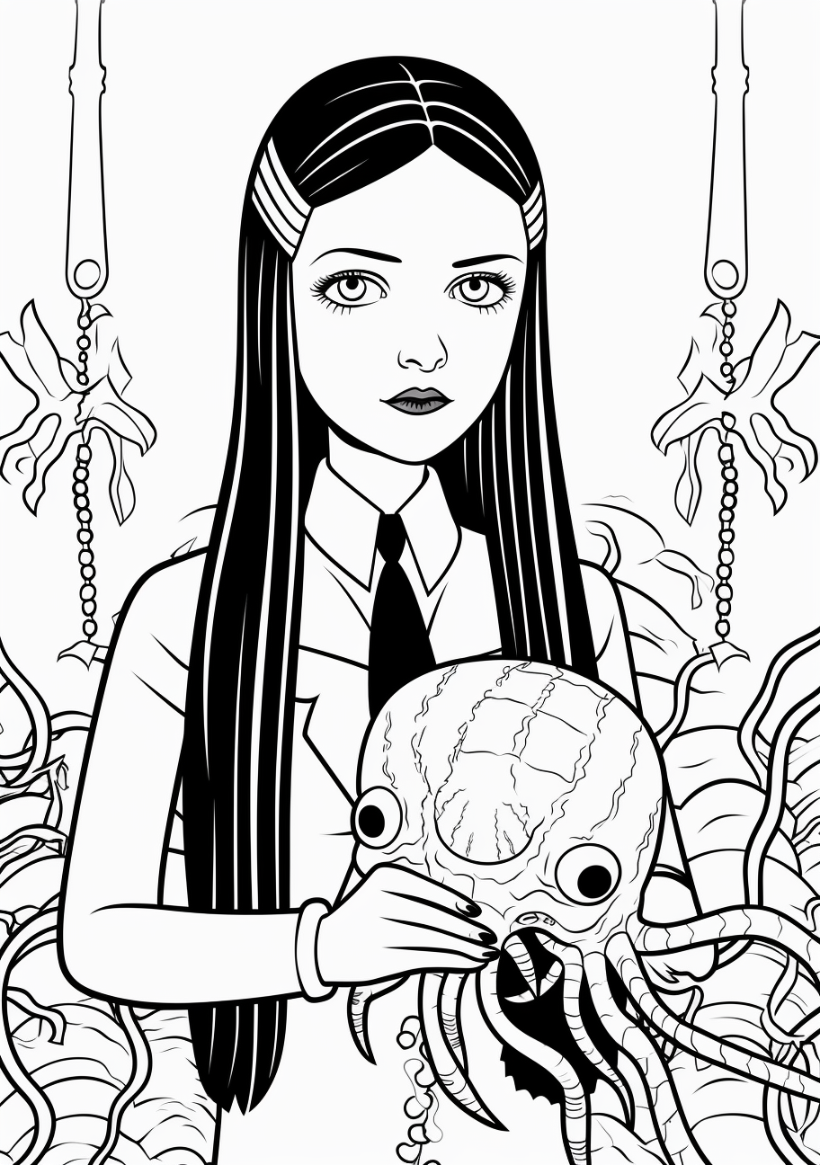 Wednesday Addams with her pet octopus, an intriguing element of the Addams Family; clear, simple lines with precision. printable coloring page, black and white, free download