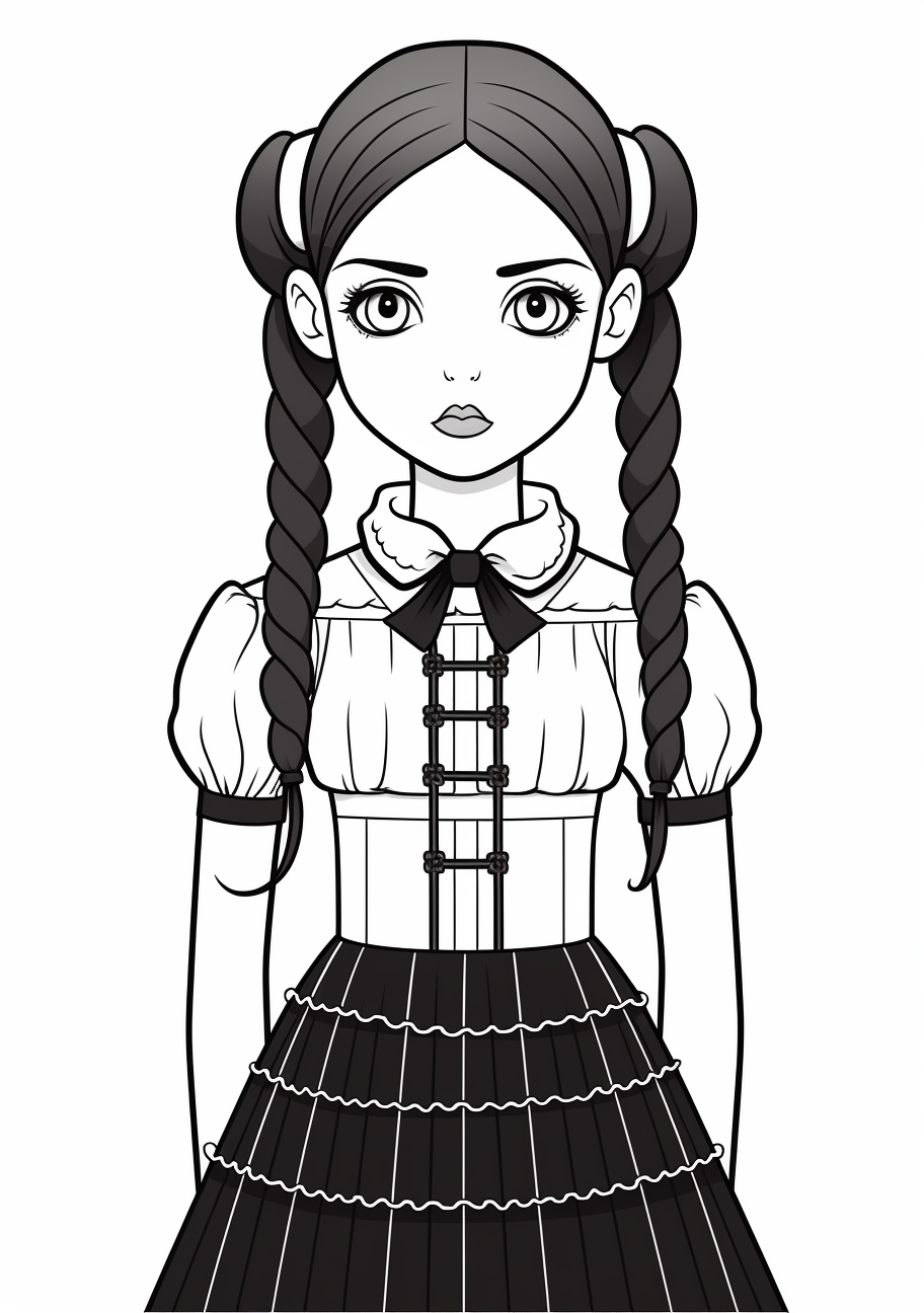 A portrait-style drawing of Wednesday Addams with crossed arms and braided hair; fine details on her iconic dress. printable coloring page, black and white, free download