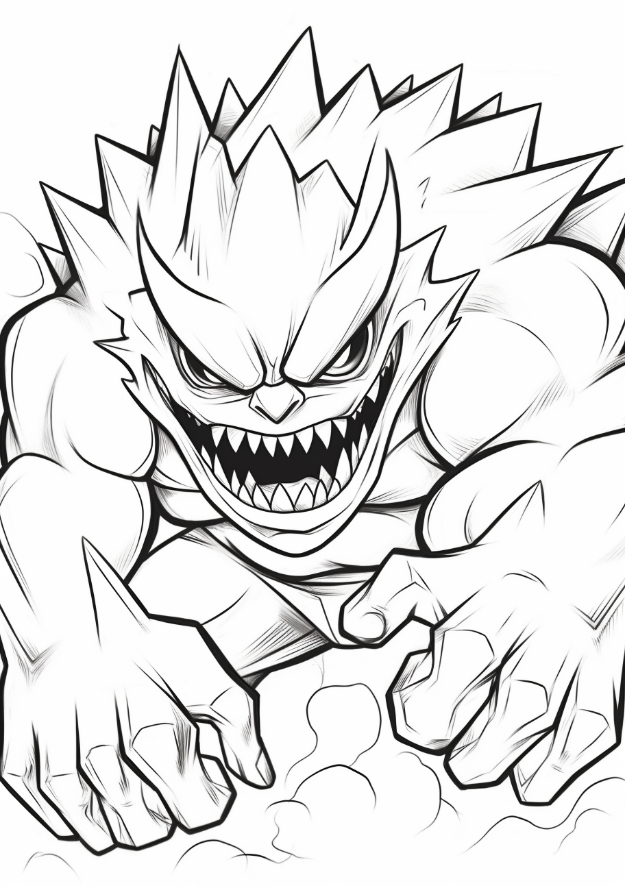 Dynamic rendering of Mega Gengar in action stance with bold, simple lines. printable coloring page, black and white, free download