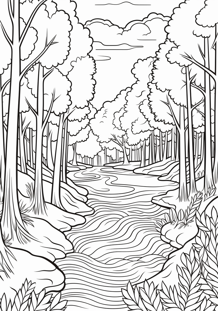 Showcases a detailed view of a river nestled in a forest; pays great attention to the diverse foliage. printable coloring page, black and white, free download