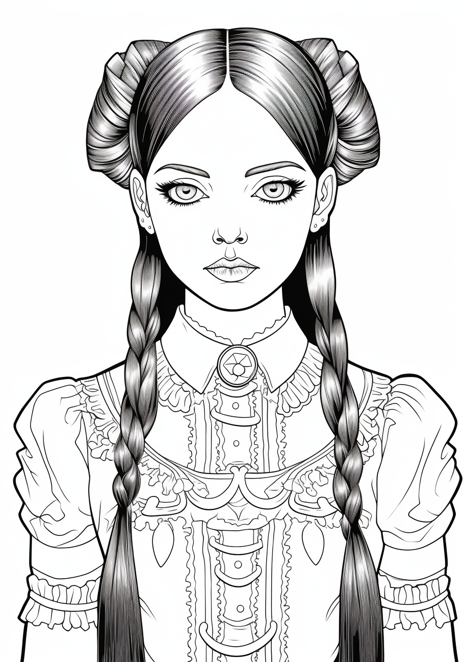 Woodcut style image of Wednesday Addams; thick lines and high contrast details. printable coloring page, black and white, free download