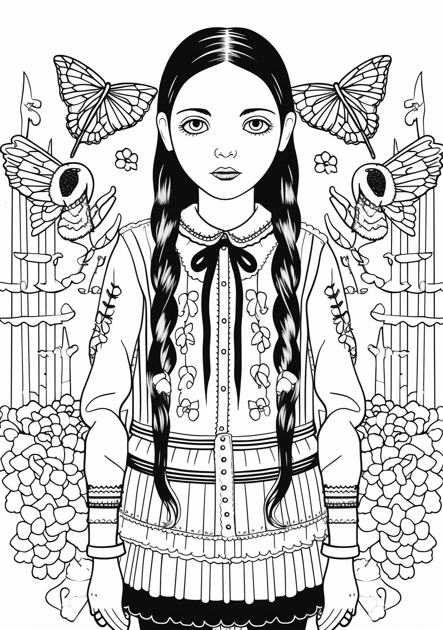 Portrait of a thoughtful Wednesday Addams; fine lines and intricate patterns. printable coloring page, black and white, free download