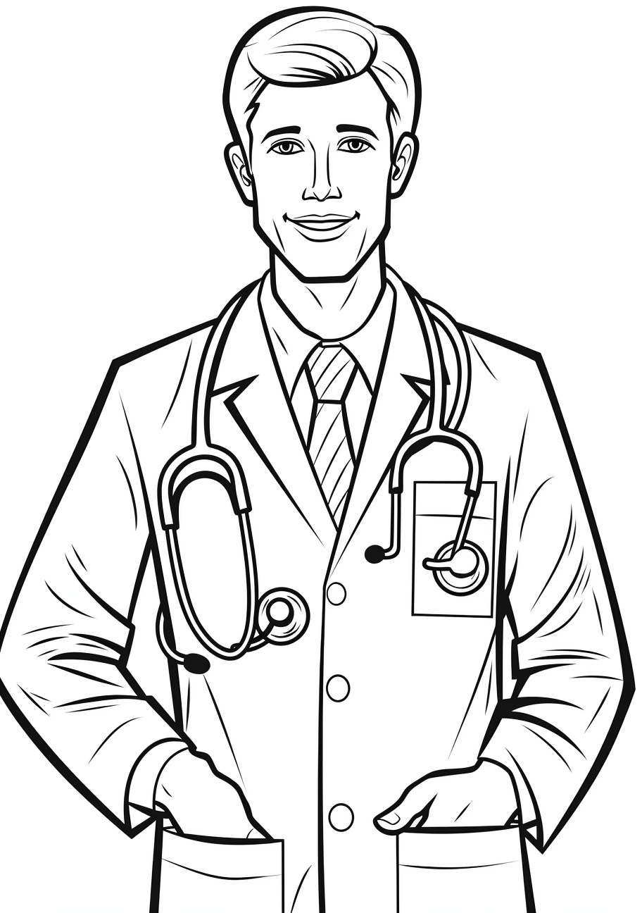Doctor carrying a medical bag and attending to a patient; complex lines and detailed shapes.printable coloring page, black and white, free download