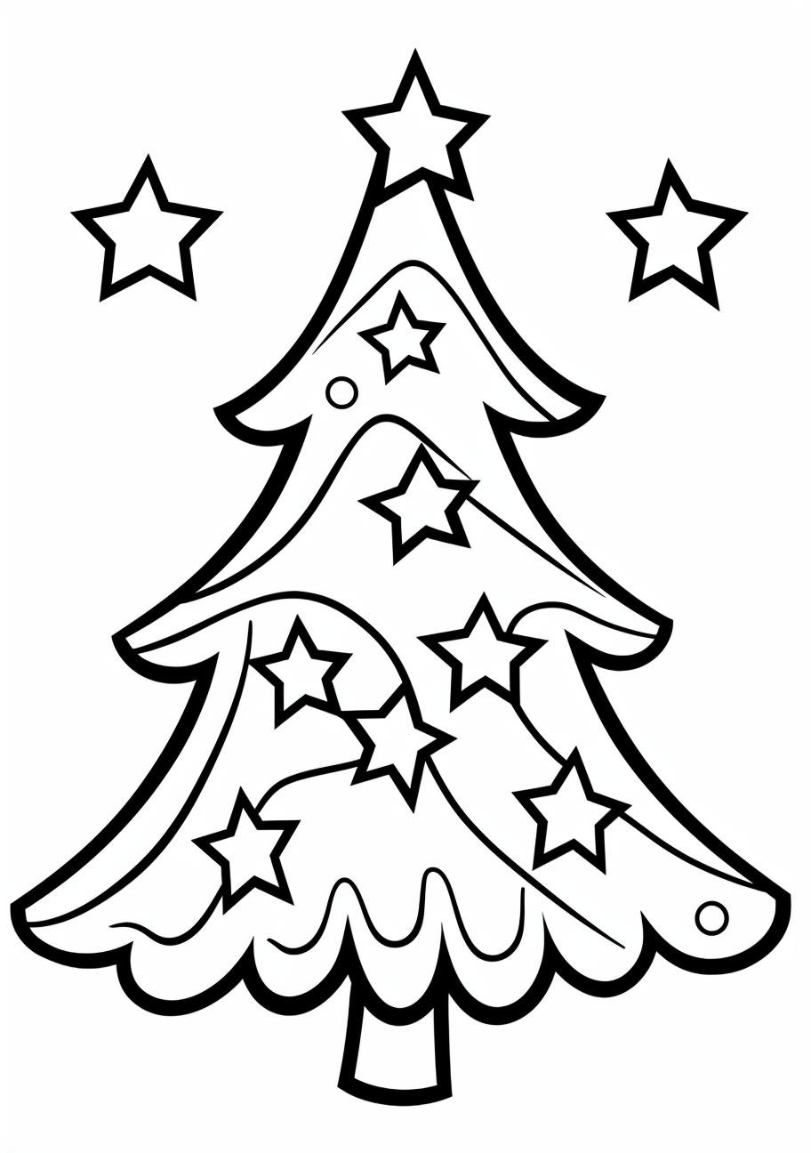 Traditional Christmas tree adorned with stars; drawn with bold strokes. printable coloring page, black and white, free download