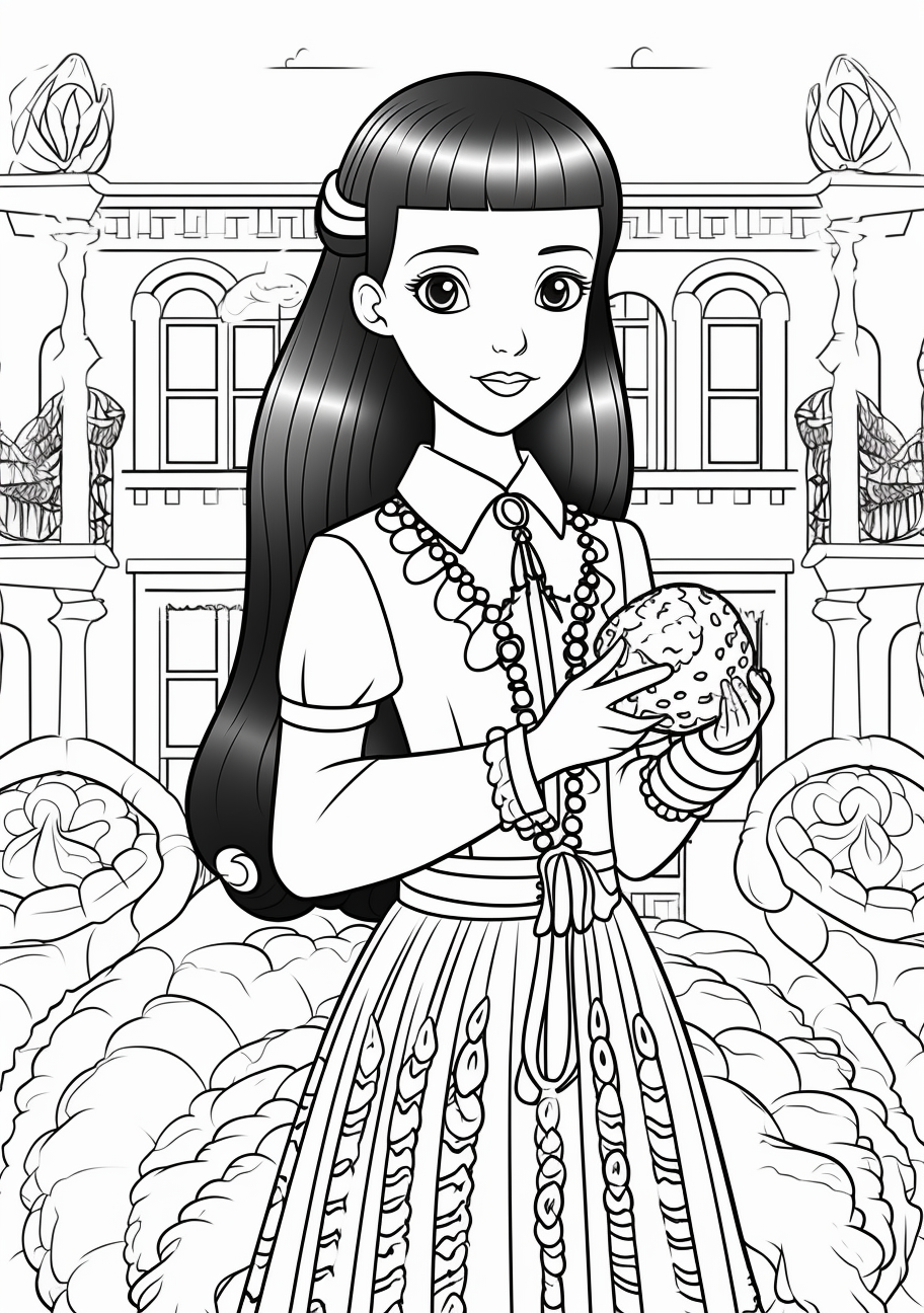 Featuring Wednesday Addams surrounded by unusual pets; simple lines for Addams with intricate detail and a varied pattern for each of the animals. printable coloring page, black and white, free download