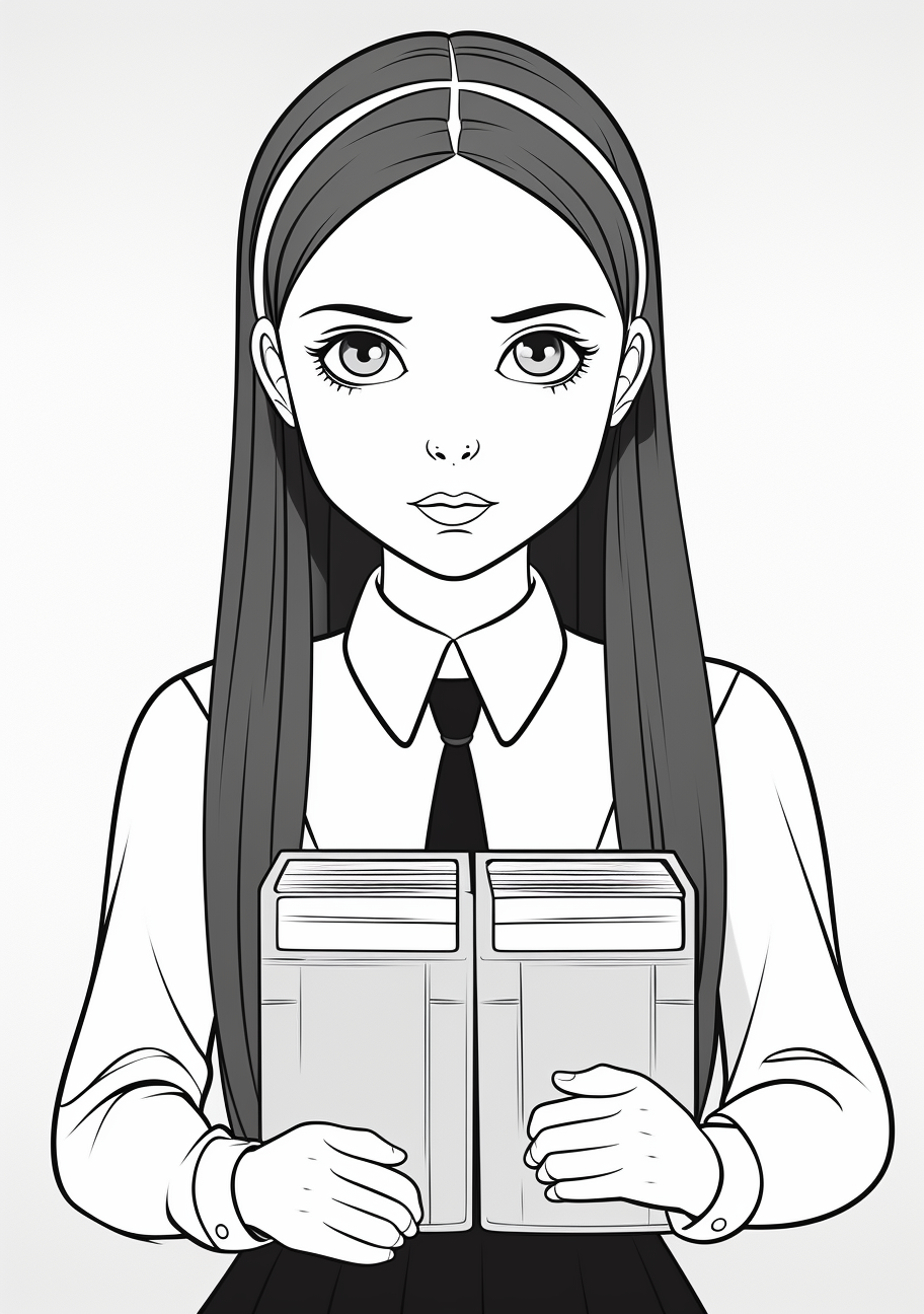 Intelligent Wednesday Addams with an open book; bold contour and facial details. printable coloring page, black and white, free download