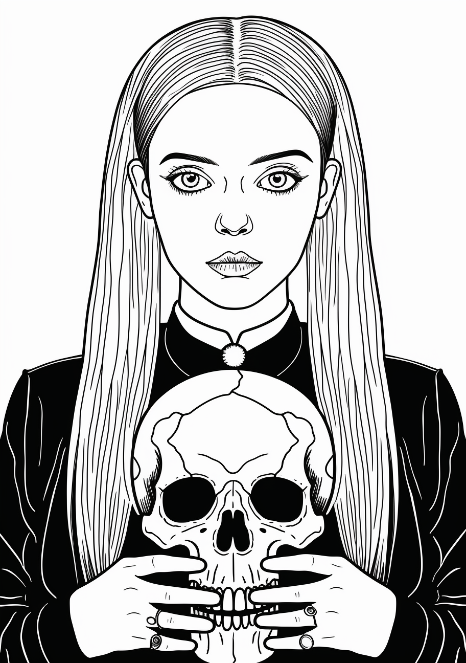 Depiction of Wednesday Addams amusing herself with a skull; minimalist style, simple shapes. printable coloring page, black and white, free download