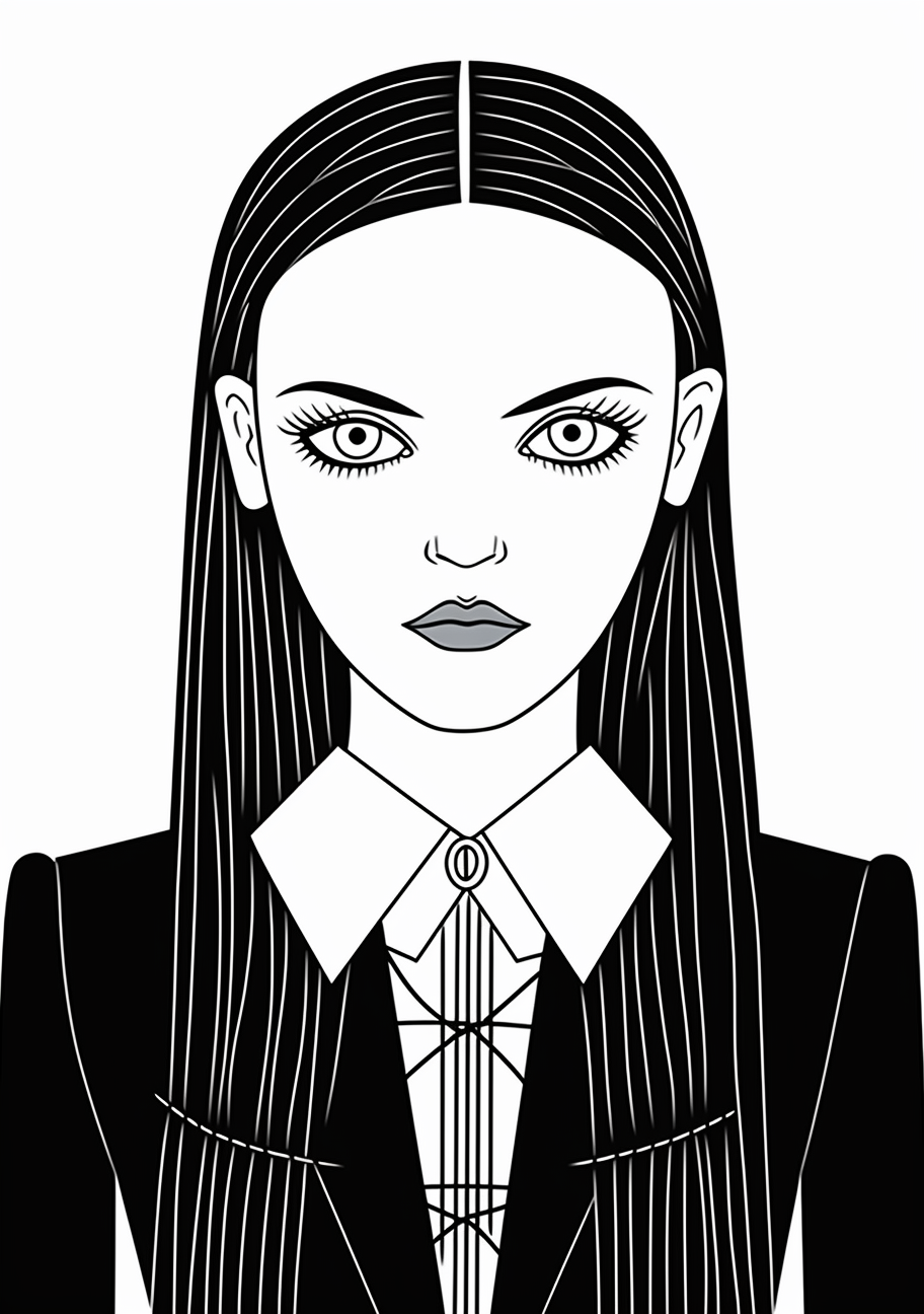 Contemporary Wednesday Addams with emphasis on finer details and facial contrast. printable coloring page, black and white, free download