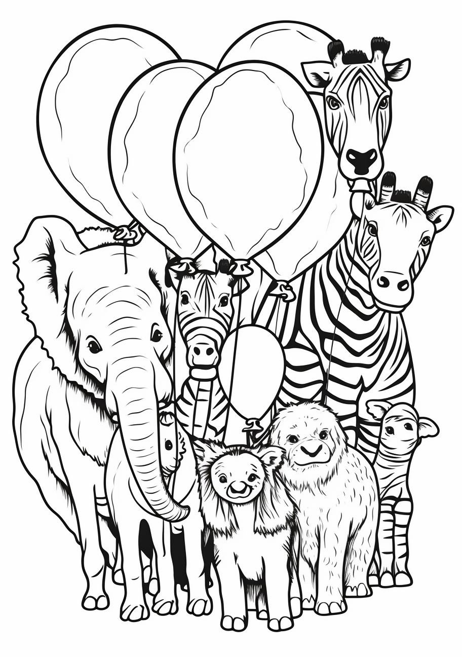 Several adorable critters holding heart-shaped gifts, done in a playful cartoon style.printable coloring page, black and white, free download