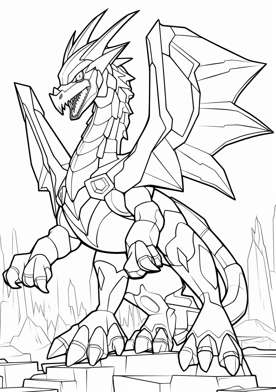 A potent depiction of Dialga; strong defined lines and marked details. printable coloring page, black and white, free download