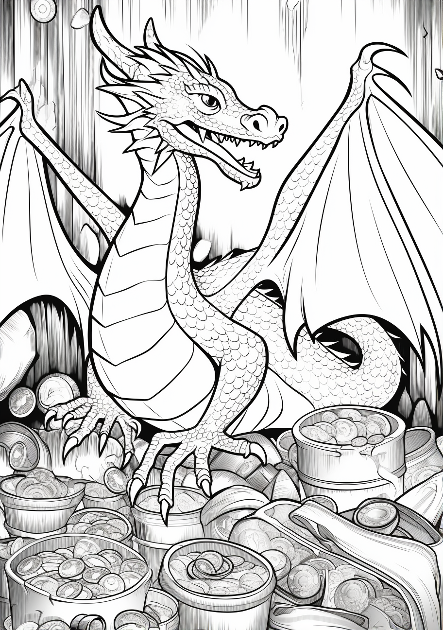 A dragon guarding its treasure hoard; realistic detailing of dragon scales and jewels.printable coloring page, black and white, free download