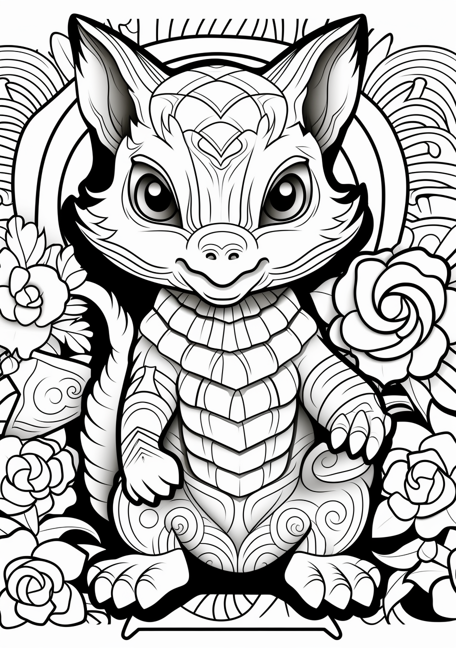 Starter pokemon A in a characteristic stance; bold outlines and simple patterns. printable coloring page, black and white, free download