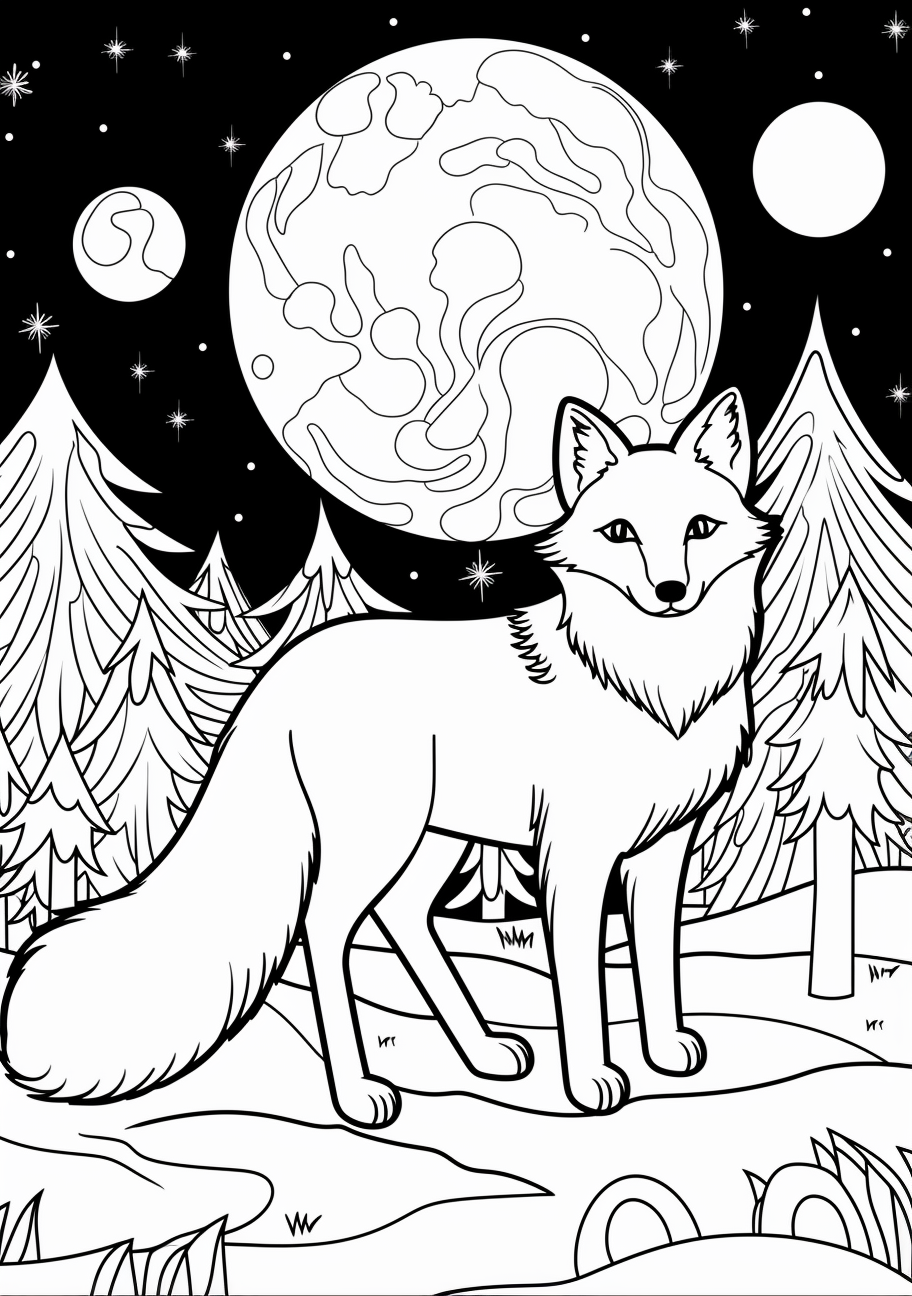 Fanciful illustration of a fox with a crescent moon; detailed celestial patterns with clean lines for animal representation.printable coloring page, black and white, free download