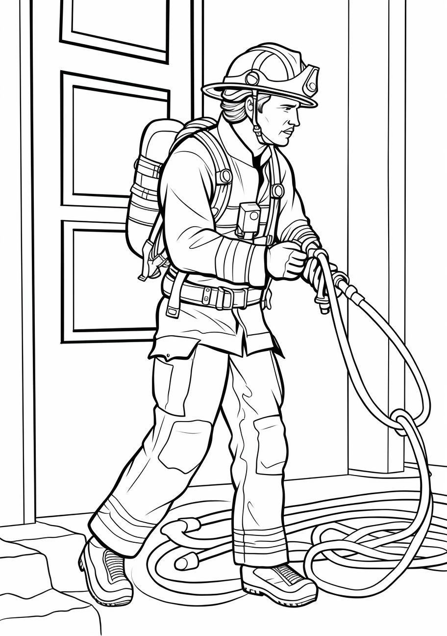 Detailed image featuring a firefighter with an axe, amidst flames and smoke.printable coloring page, black and white, free download