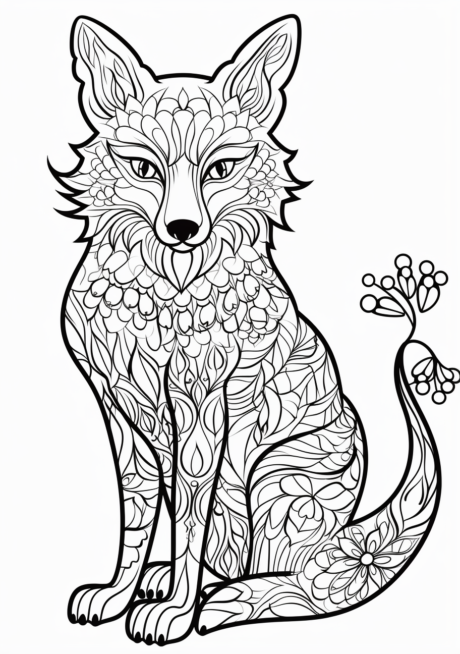 Fox decorated with floral designs; intricate lines and detailed shapes.printable coloring page, black and white, free download