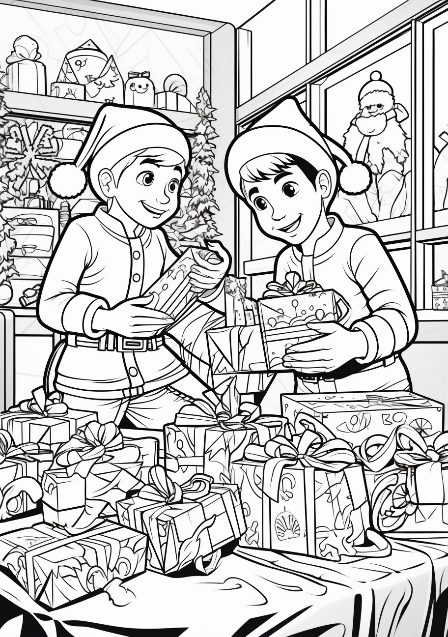 Santa's workshop with elves, gifts, and tools; fine details in a bustling scene.