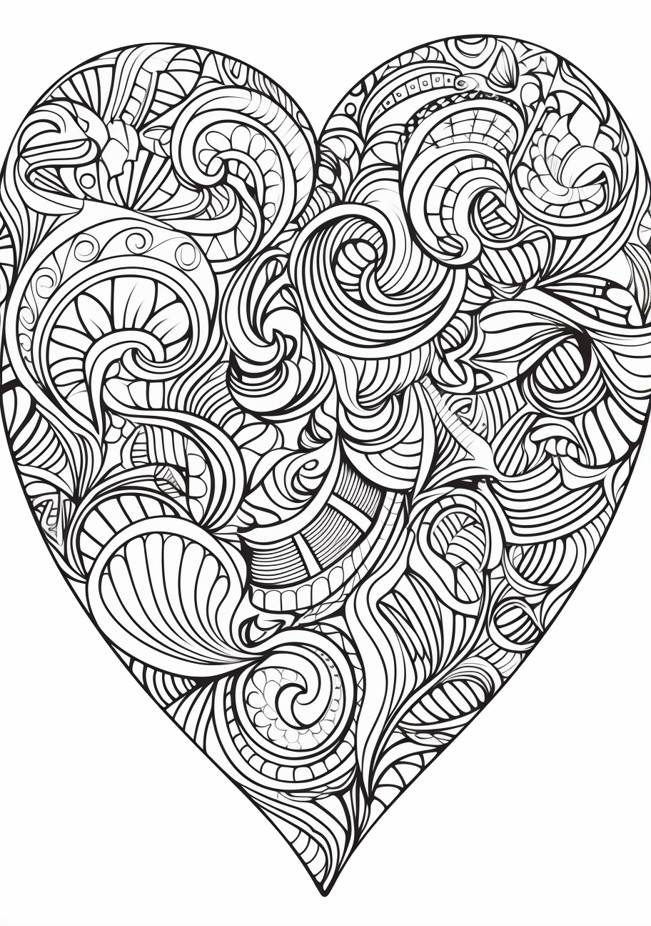Swirls incorporated into the heart shape design; elegant and intricate lines.printable coloring page, black and white, free download
