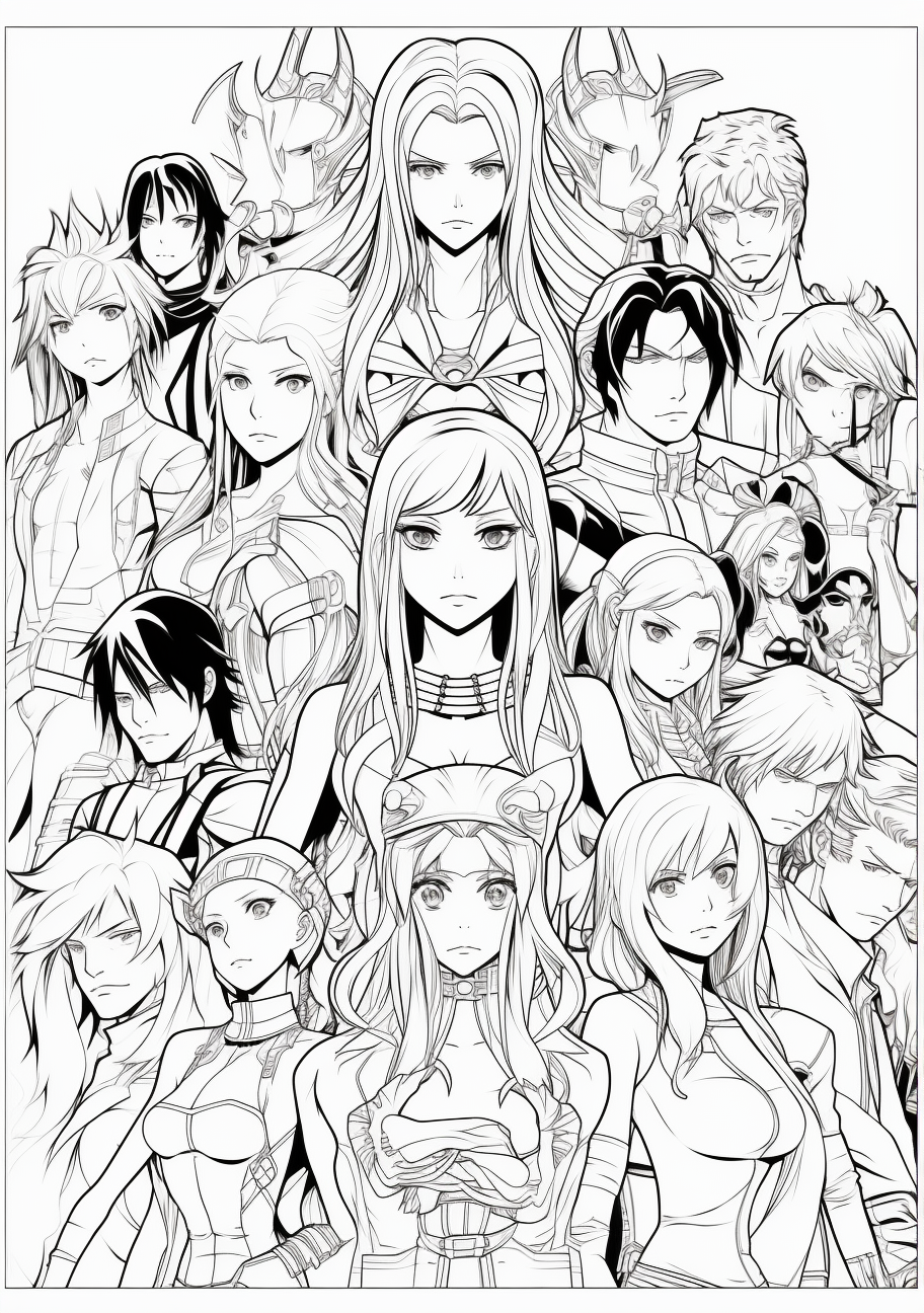 A collection of famous anime personalities together; elaborate outfits and distinct facial features