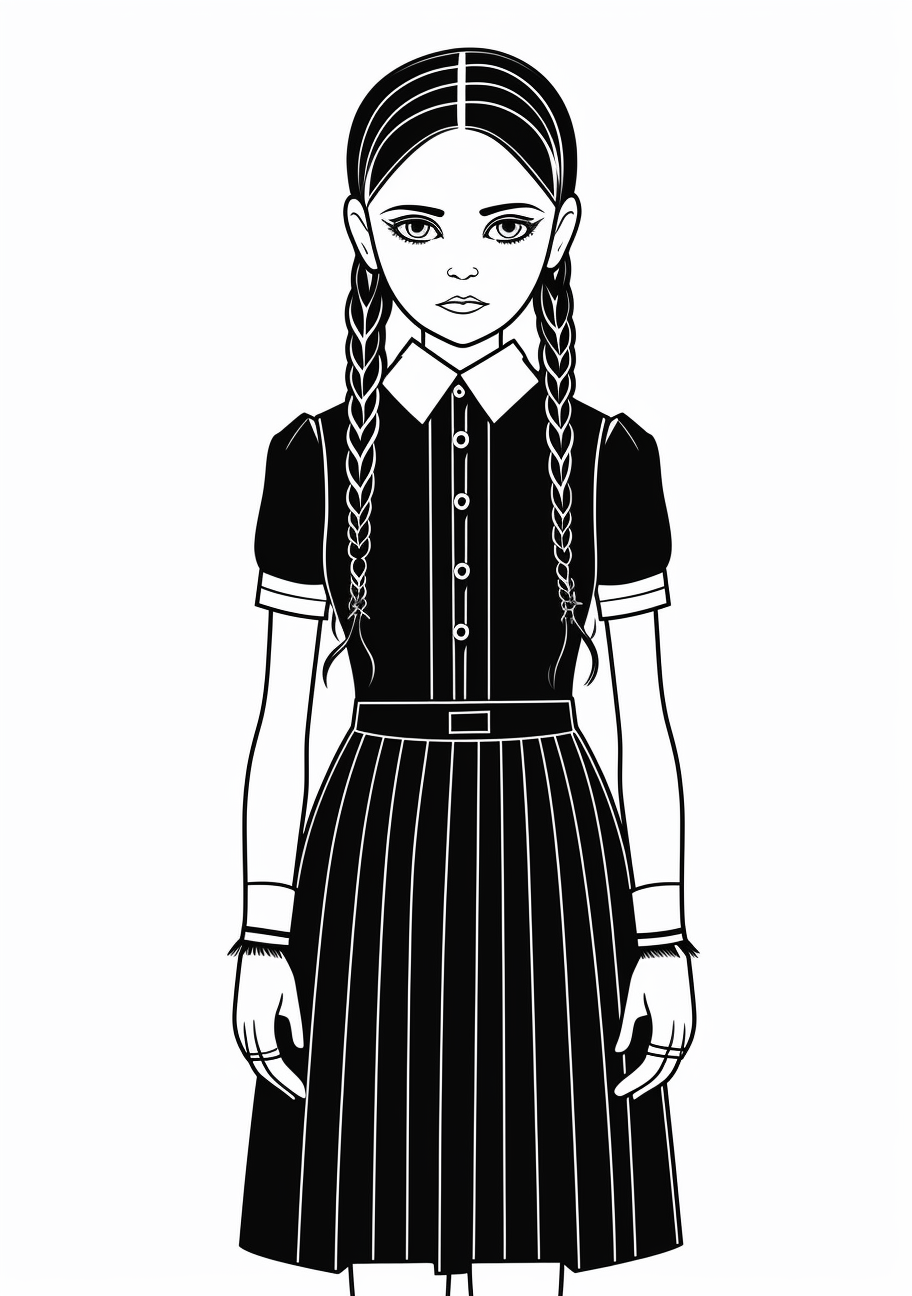 Wednesday Addams from the Addams Family in her characteristic outfit; simple lines with subtle shading. printable coloring page, black and white, free download