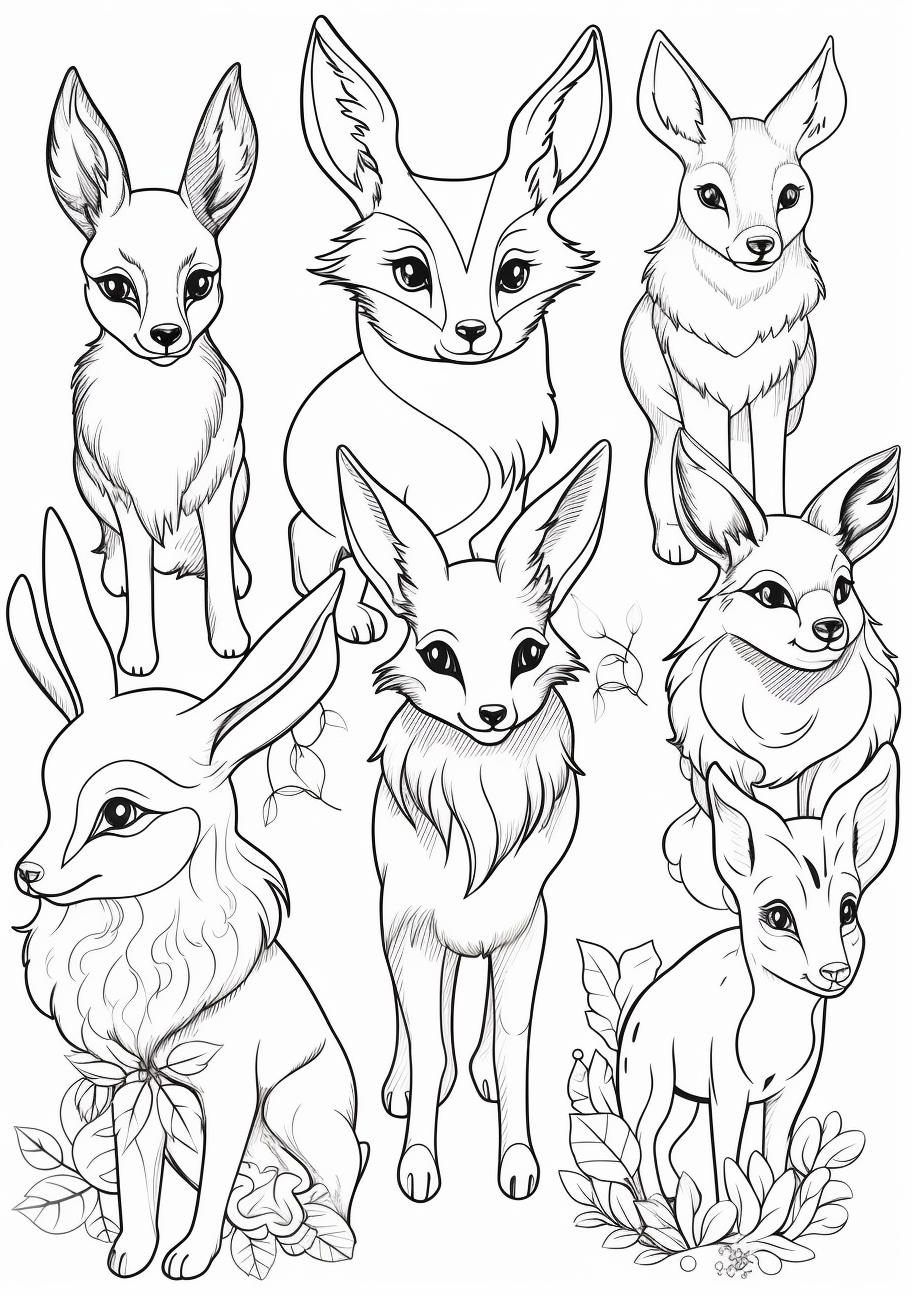 Eevee with its various legendary evolutions; bold, dynamic lines. printable coloring page, black and white, free download