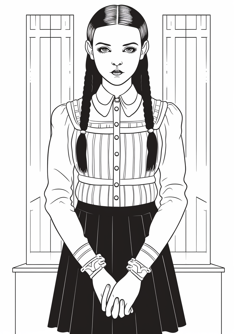 A representation of Wednesday Addams in her usual posture; detailed Gothic designs on her dress. printable coloring page, black and white, free download