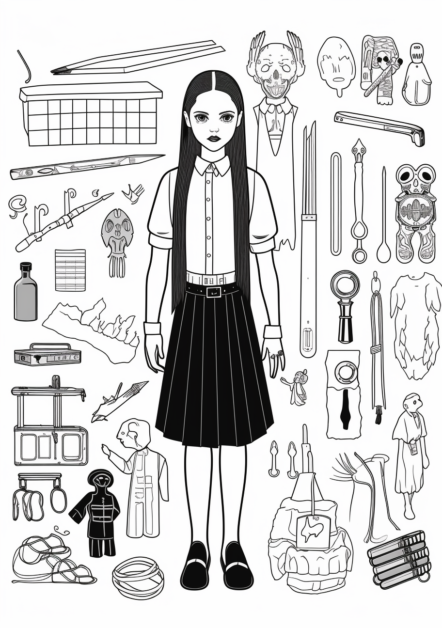Wednesday Addams pictured with a variety of her iconic accessories; detailed shading and thoughtful composition. printable coloring page, black and white, free download