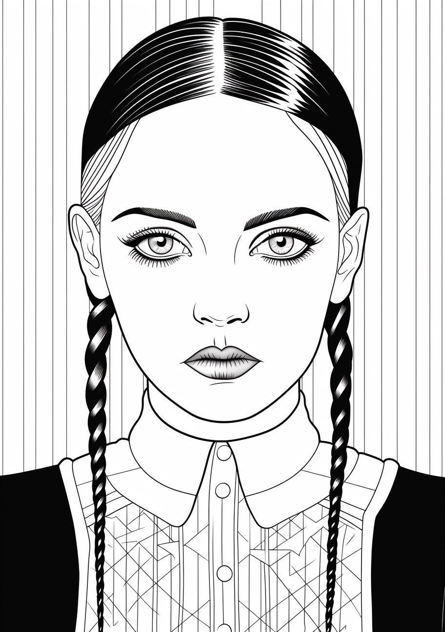 Wednesday Addams with a skull; distinctive outline and dark elements. printable coloring page, black and white, free download