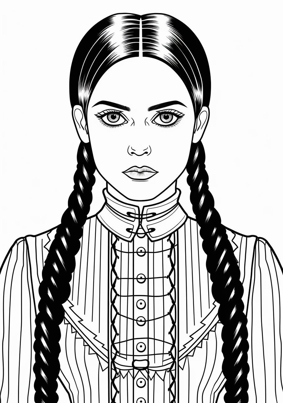 Side profile view of Wednesday Addams; emphasis on facial features, framed by her iconic braids. printable coloring page, black and white, free download
