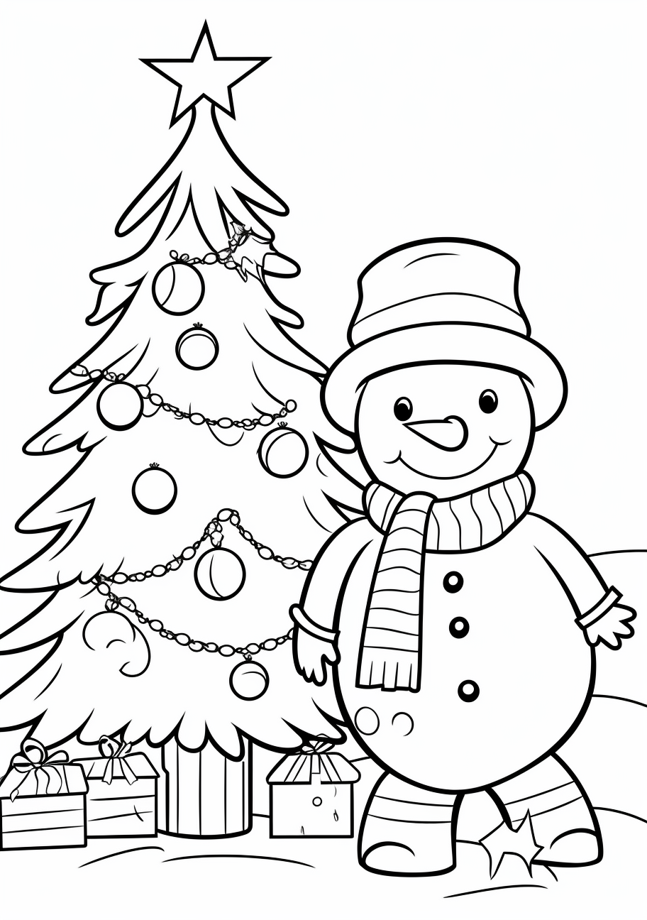 A Christmas scene with a snowman near a decorated tree; clean lines with detailed designs.printable coloring page, black and white, free download