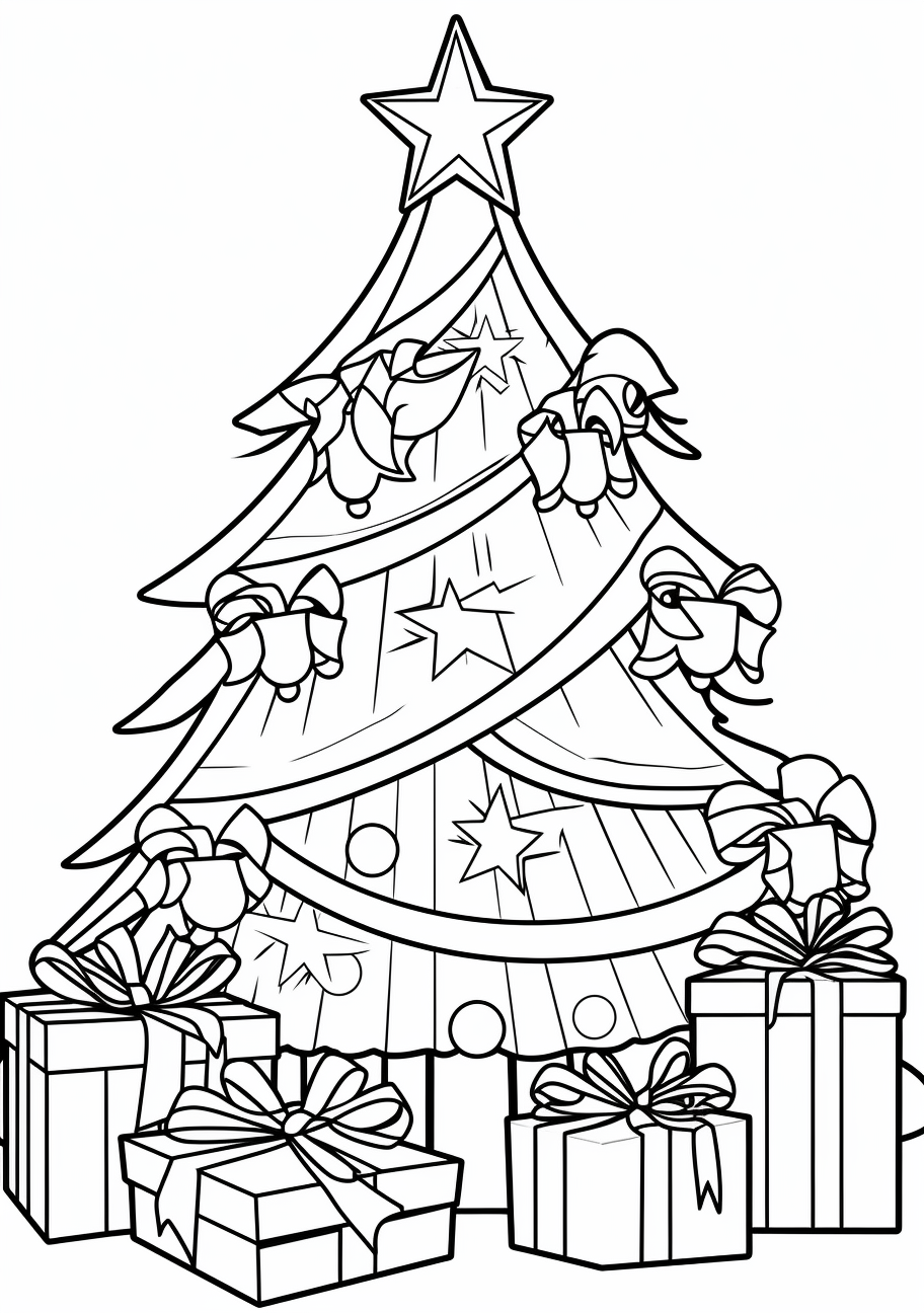 Classic Christmas morning scene with a holiday tree and gift boxes; Detailed outlines and patterns.printable coloring page, black and white, free download