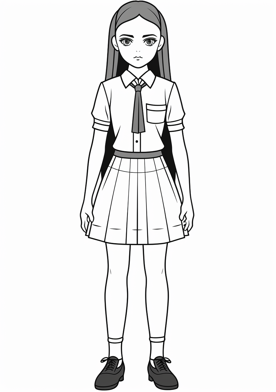 Wednesday Addams, full body, standing in her classic pose with a simple and clean drawing style. printable coloring page, black and white, free download
