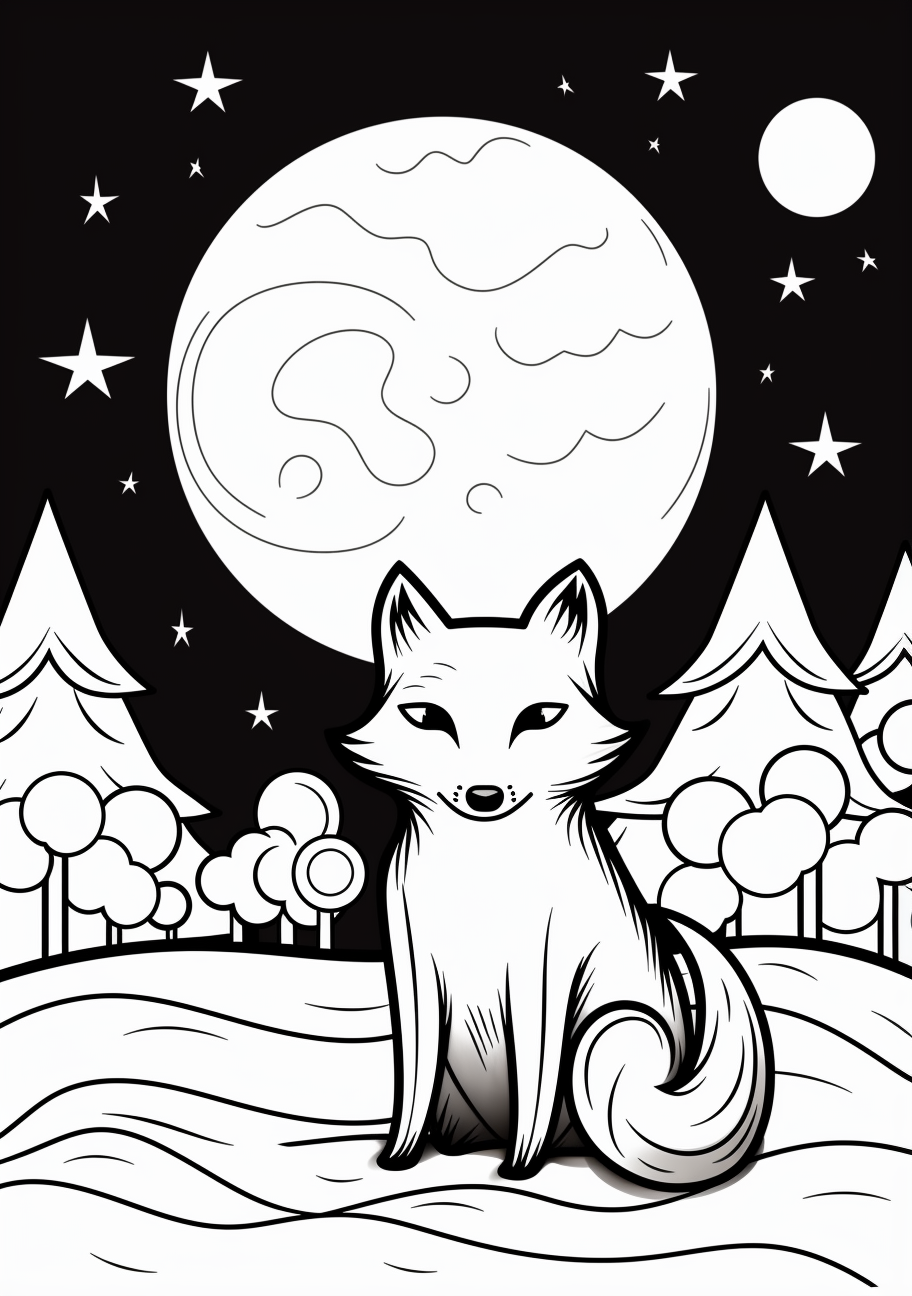 Depiction of a fox under a sky full of stars; astral elements and animal forms.printable coloring page, black and white, free download