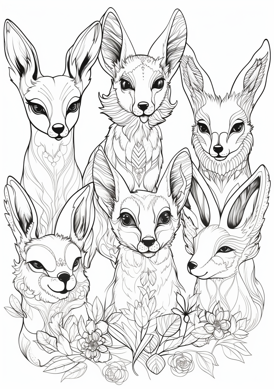 Eevee evolutions presented in elegant style; intricate patterns and attention to details. printable coloring page, black and white, free download