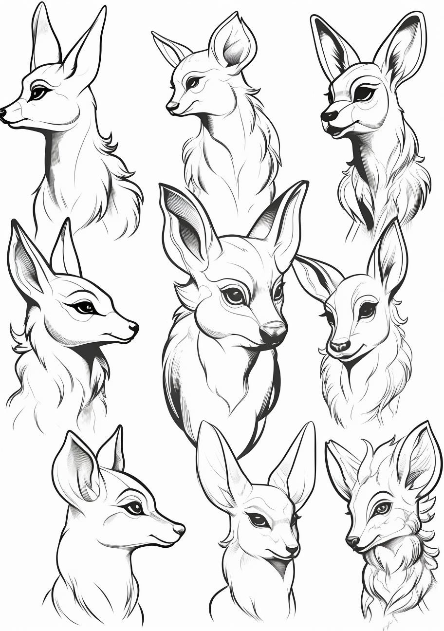 Eevee and its lineage across generations; clean lines and bold shapes. printable coloring page, black and white, free download