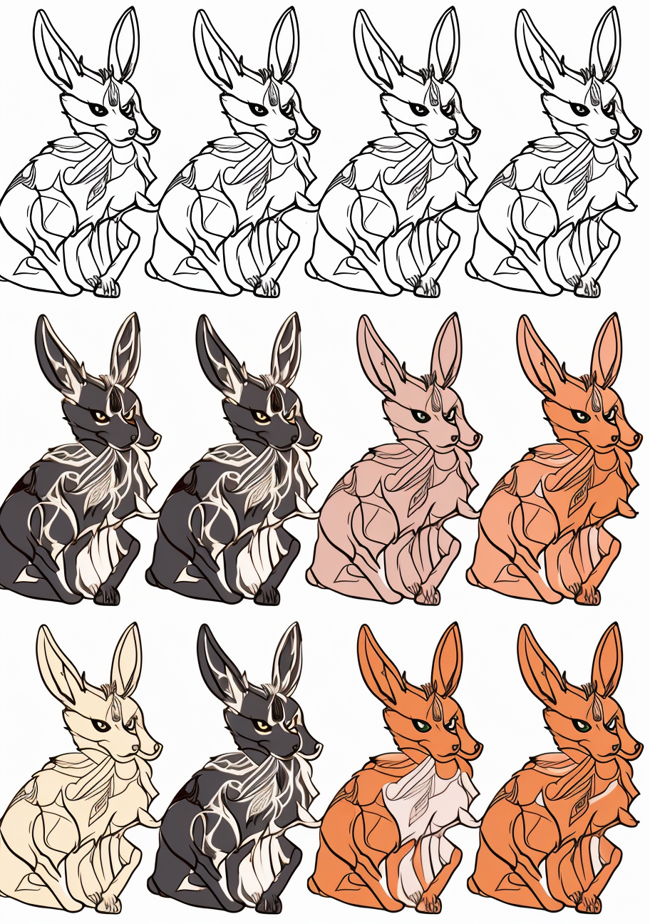 Eevee's evolution transformations beautifully captured; with clean lines and moderate details. printable coloring page, black and white, free download