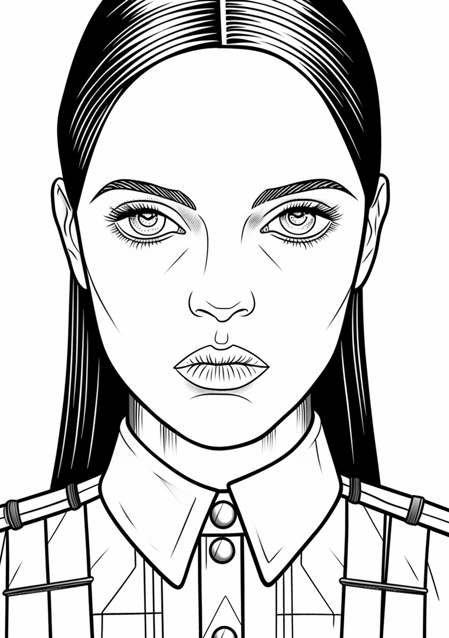 Simple head portrait of Wednesday Addams; limited details and bold lines. printable coloring page, black and white, free download