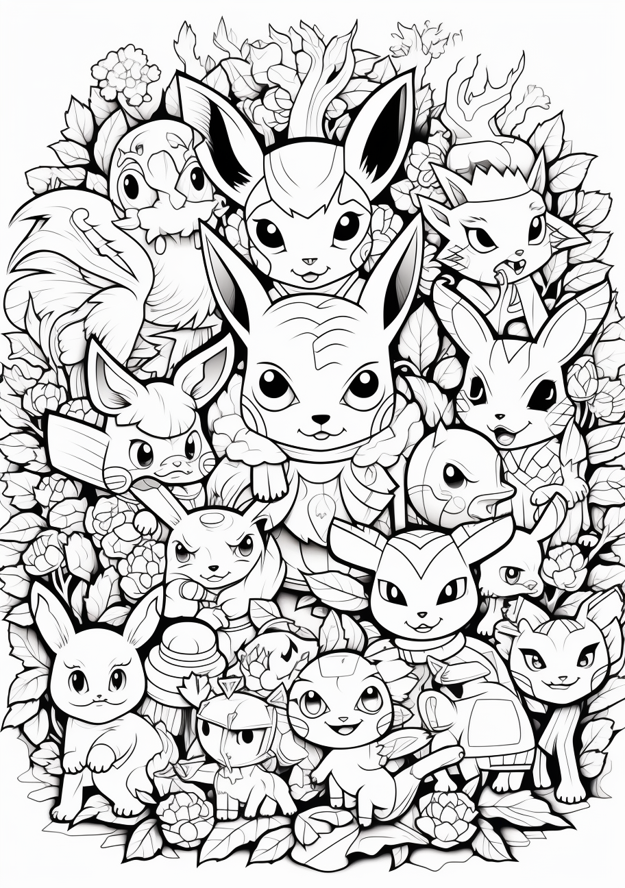Pikachu sharing space with multiple Pokemon; expressive lines and dynamic poses. printable coloring page, black and white, free download