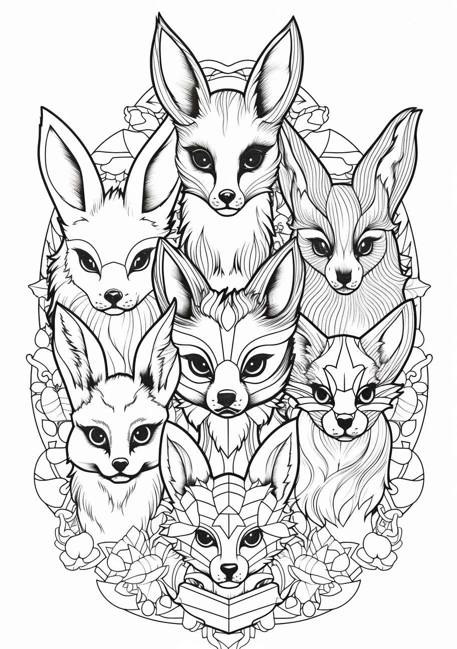 Depicts Eevee evolutions teaming up; sketched outlines with moderate detail. printable coloring page, black and white, free download