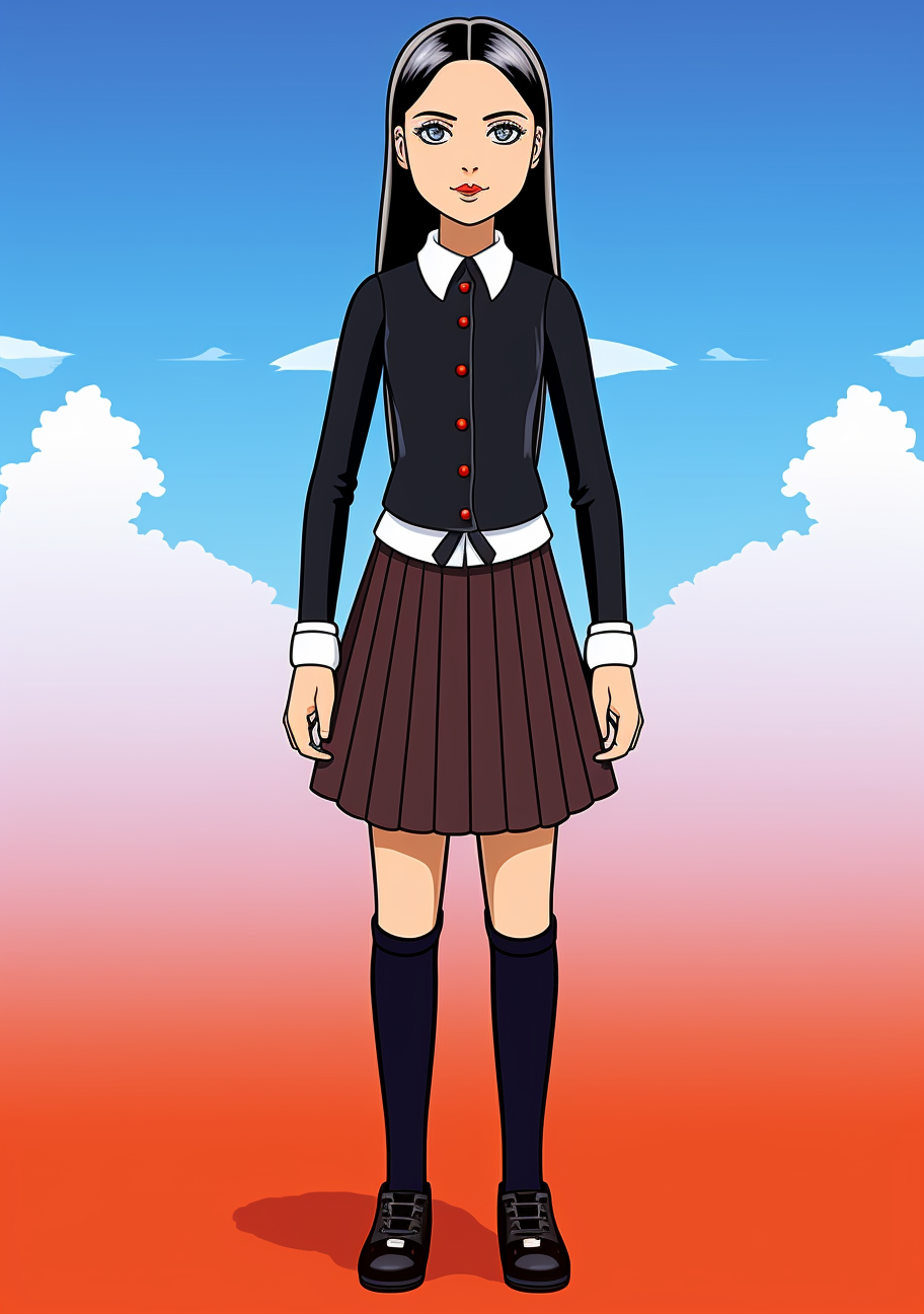 Half body image of Wednesday Addams, emphasizing her gothic-style clothing; has simple lines and minor detailing. printable coloring page, black and white, free download